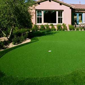 Artificial backyard putting green with pink house